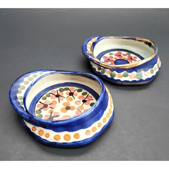 Majolica Holland Hand Painted Hat Cap Dishes Blue Floral Cr153 - Picture 1 of 16